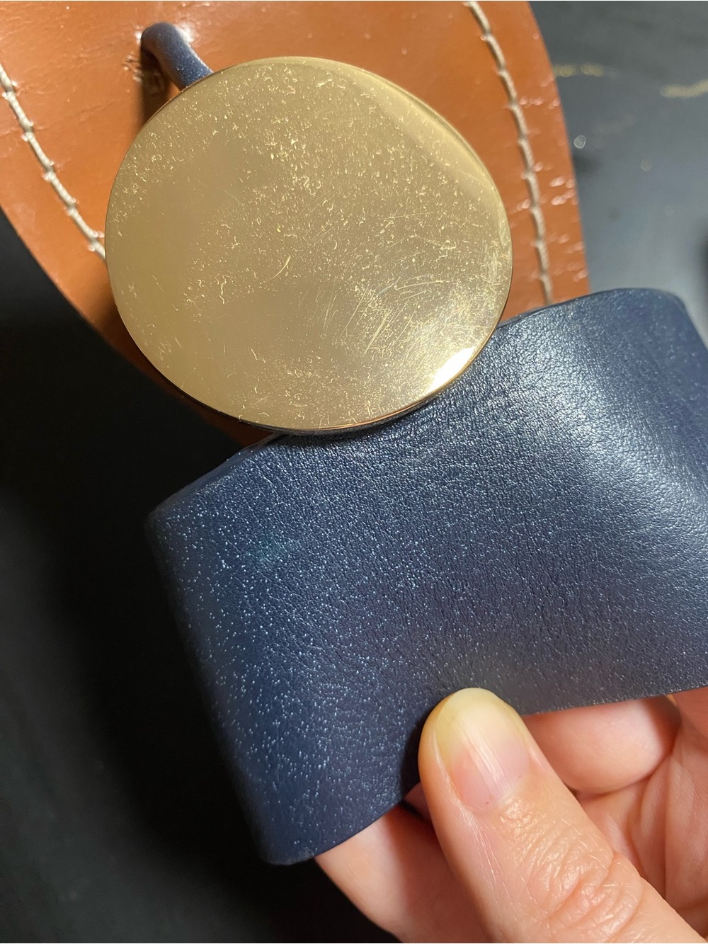 Tory Burch Navy Leather Slide Sandals with Gold Medallion - Picture 4 of 6